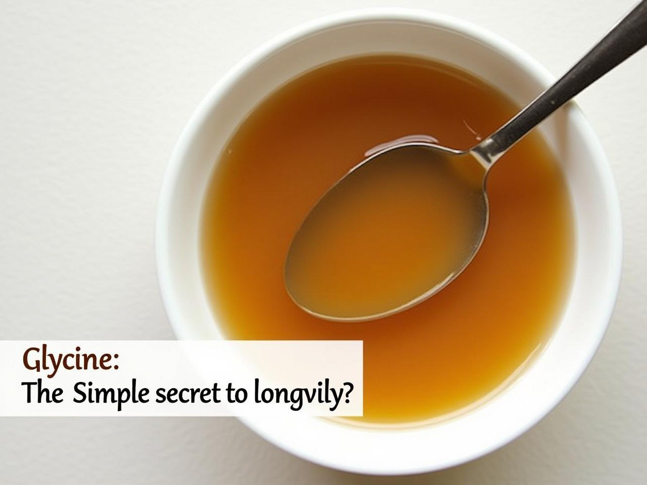 Image of a bowl of bone broth with a spoon, with text overlay saying Glycine: The simple secret to longevity?