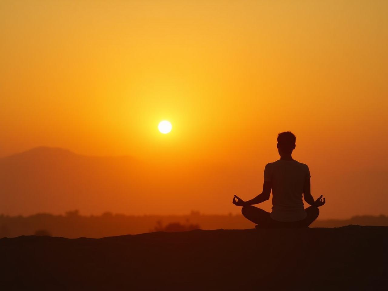 A person meditating during sunrise, enjoying the quiet morning