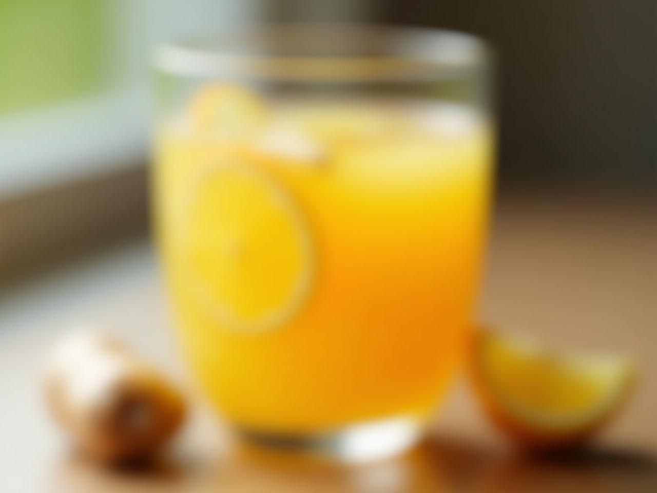 A glass of yellow-orange liquid with lemon slices and ginger, representing a healthy drink for DNA repair.