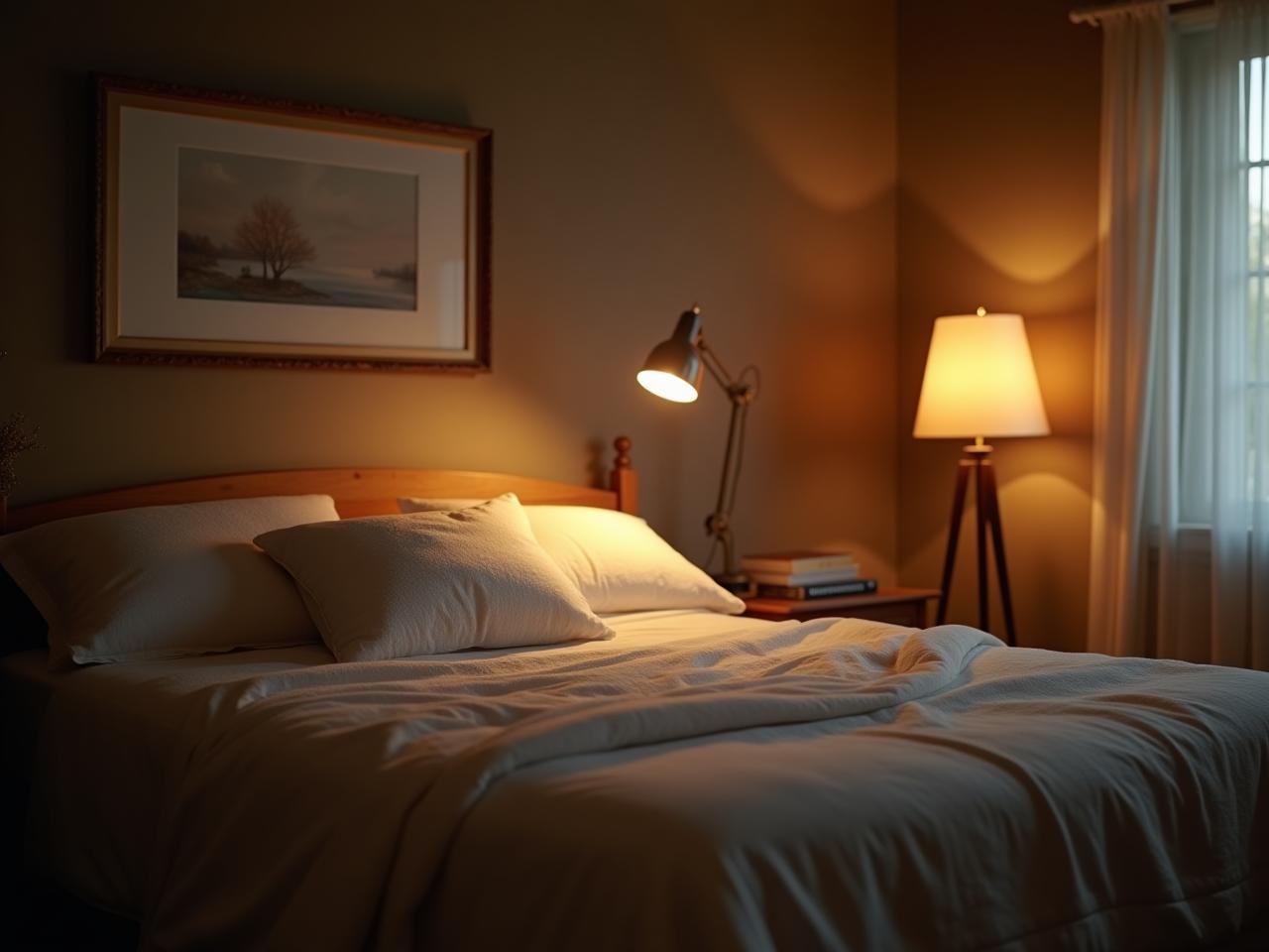 A cozy bedroom with soft lighting, suggesting relaxation and peaceful sleep.