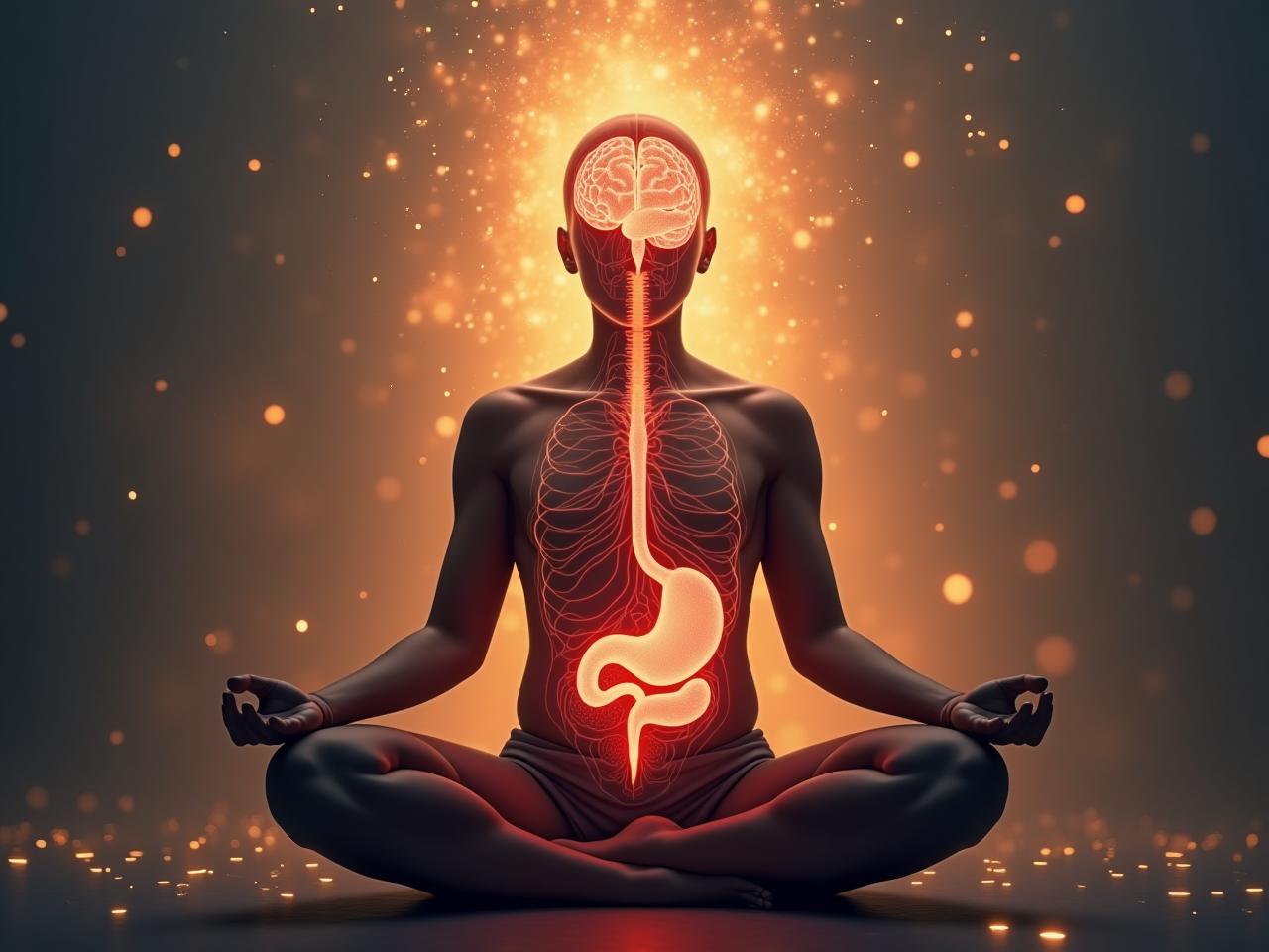 A person meditating with a focus on their gut and brain connection.