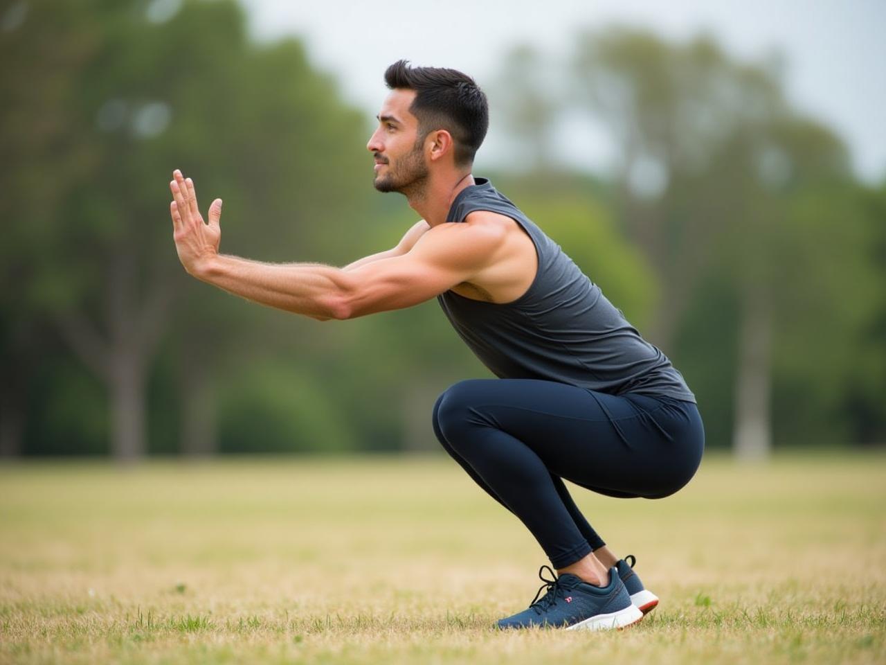 A person performing a squat exercise outdoors.