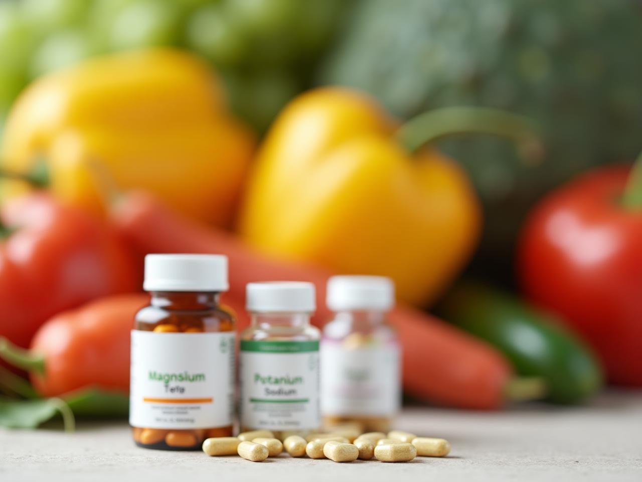 Close-up shot of three mineral supplements (Magnesium, Potassium, Sodium) with fresh fruits and vegetables in the background, symbolizing a natural and healthy approach to fighting chronic fatigue.