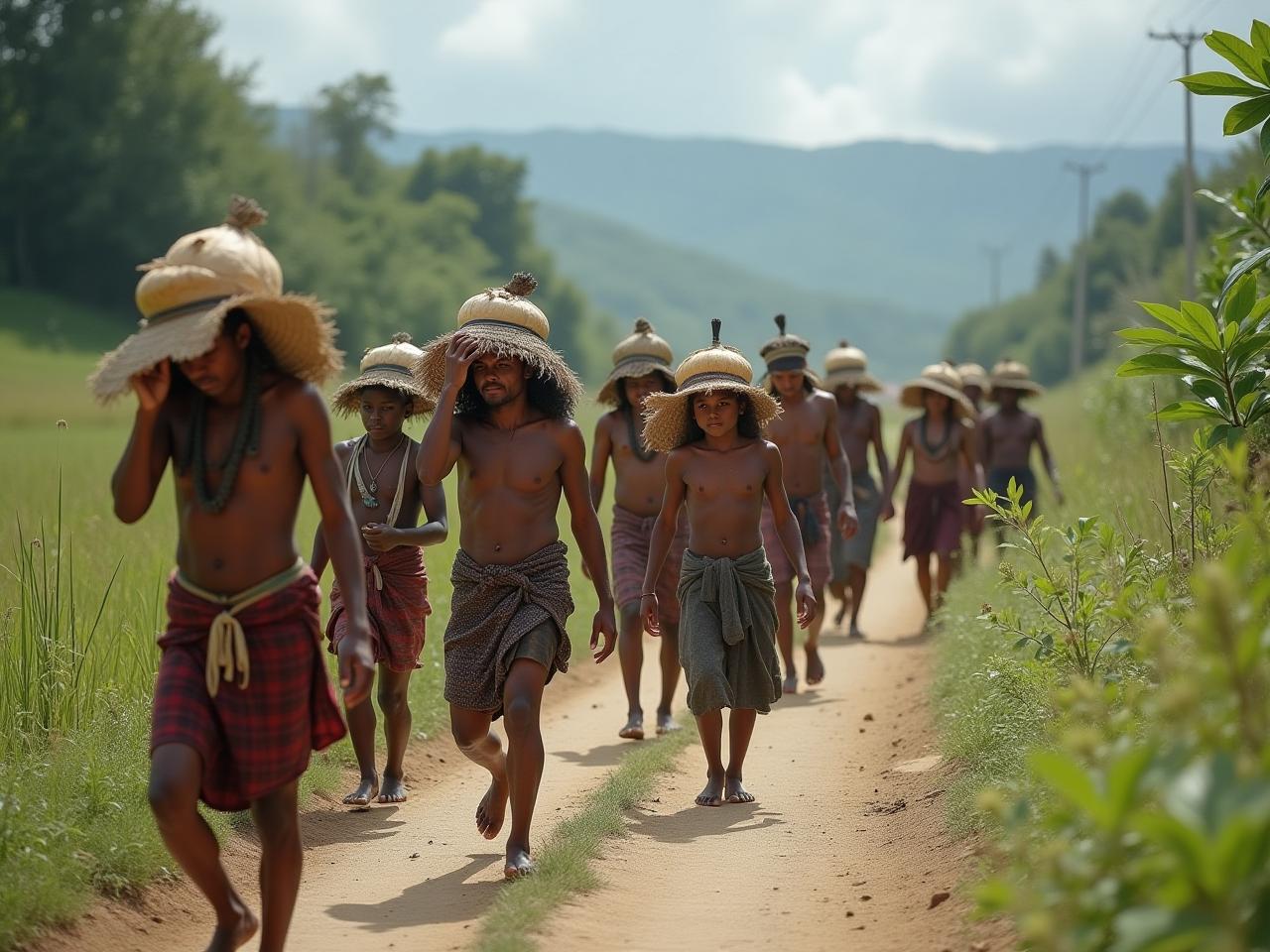 A group of people from the Kung tribe moving naturally in their environment, carrying water and foraging for food.