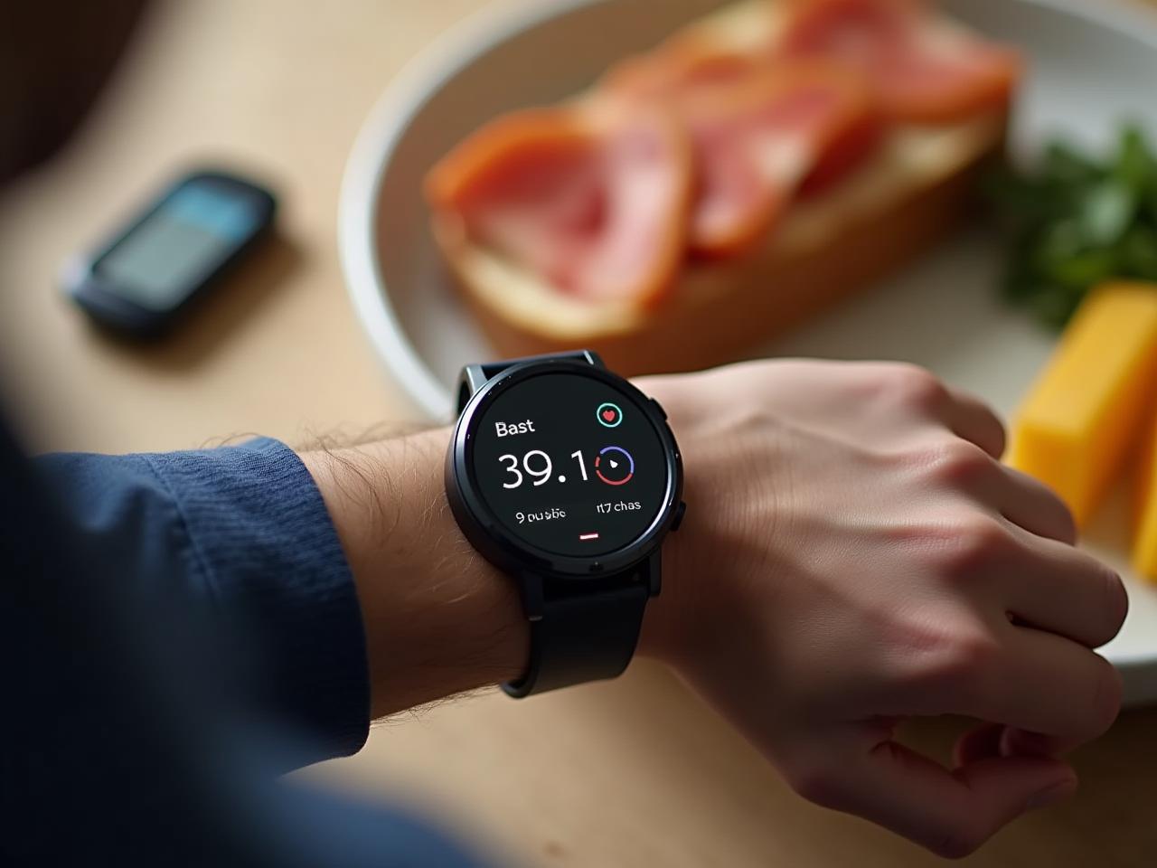 A person using a smartwatch to track their heart rate and HRV. The image also features a continuous glucose monitor (CGM) and a healthy-looking breakfast.