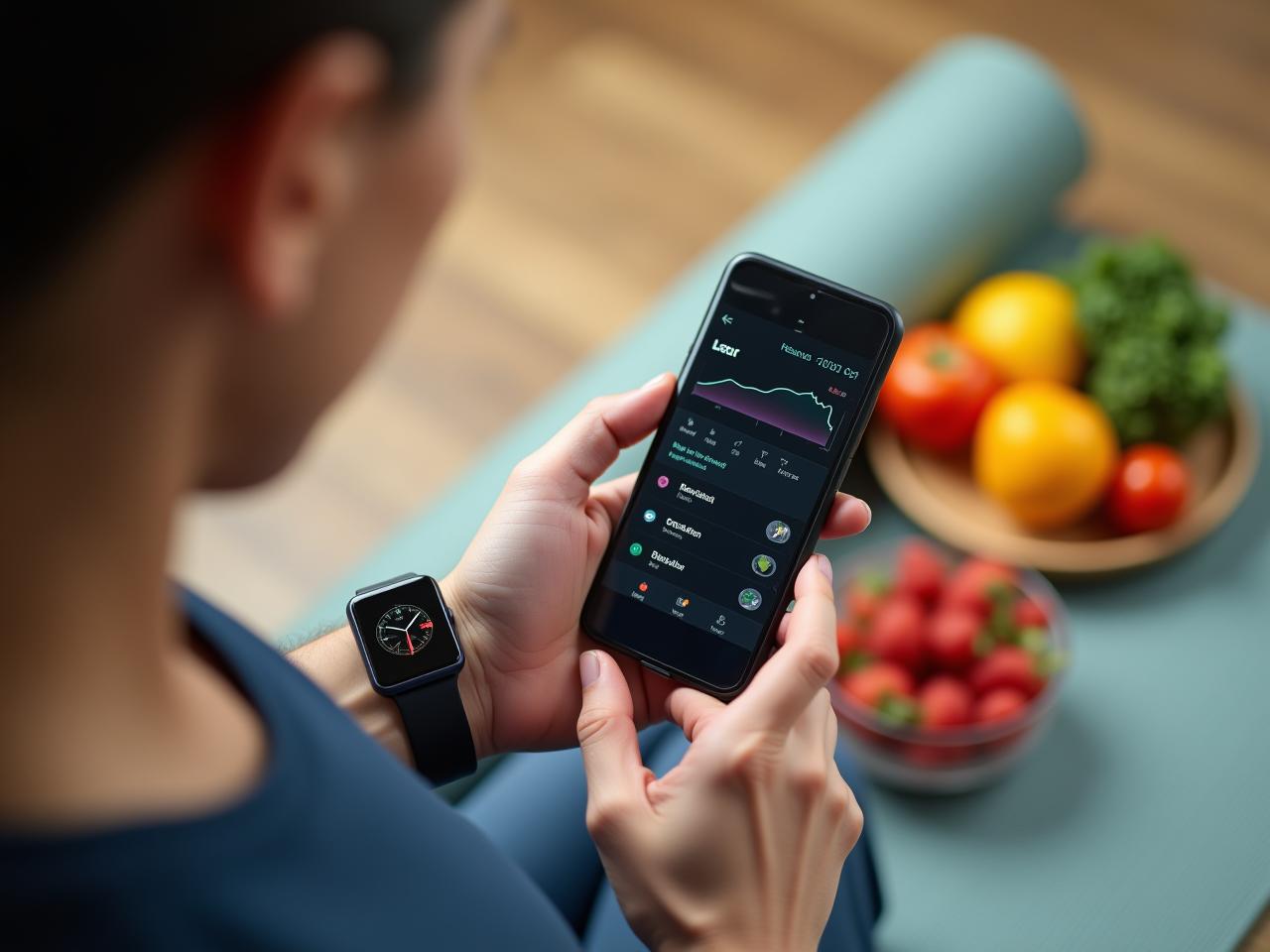 A person wearing a smart watch and looking thoughtfully at data on their phone, with a background of healthy food and a yoga mat.