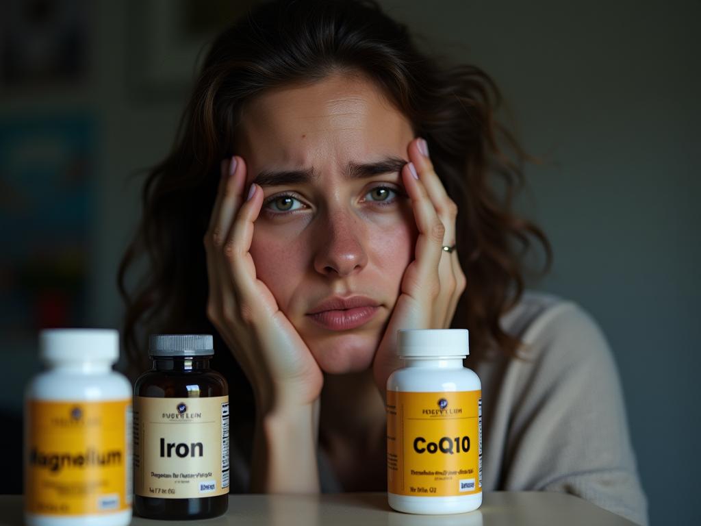 A person looking tired and exhausted, but with a spark of hope in their eyes. The image also includes three bottles of supplements: Magnesium, Iron, and CoQ10.