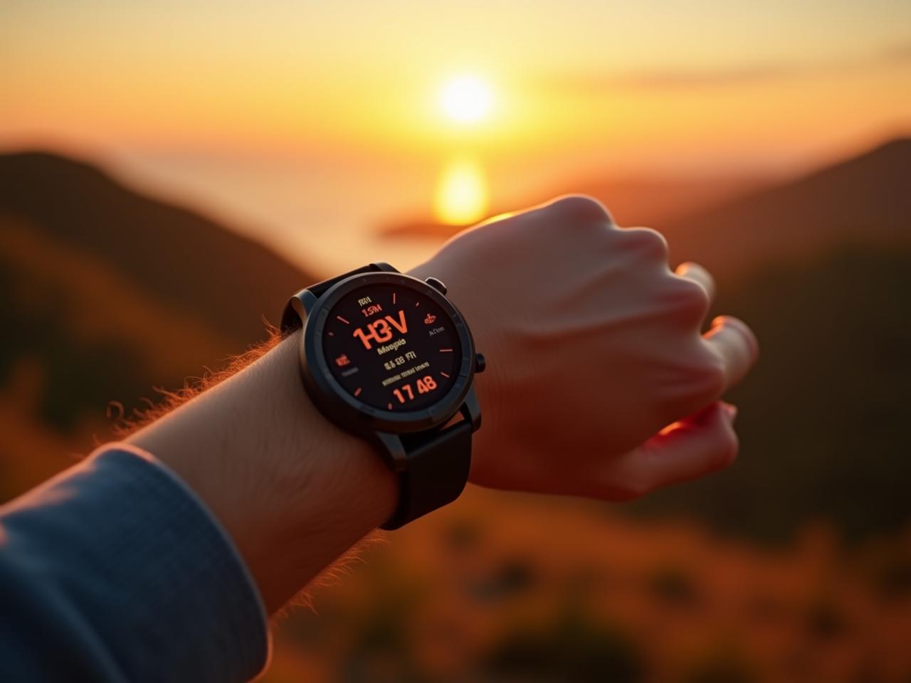 A person holding a smartwatch displaying health metrics like HRV and sleep data, with a background showing a sunrise over a peaceful landscape.