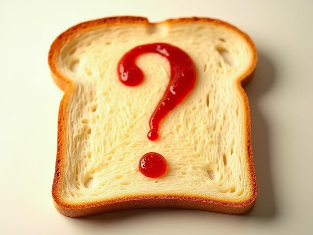 A slice of toast with a question mark above it, symbolizing the uncertain connection between gluten and accelerated aging.