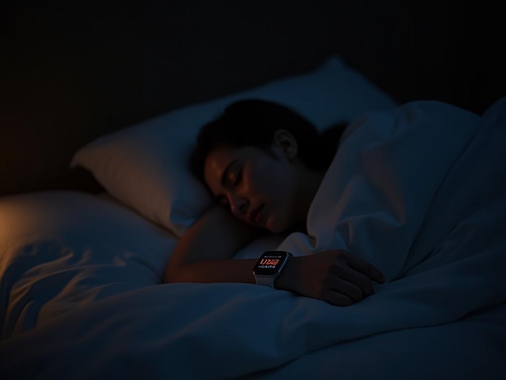 A person sleeping peacefully in a dark, cozy bedroom, with a smartwatch on their wrist showing a resting heart rate.