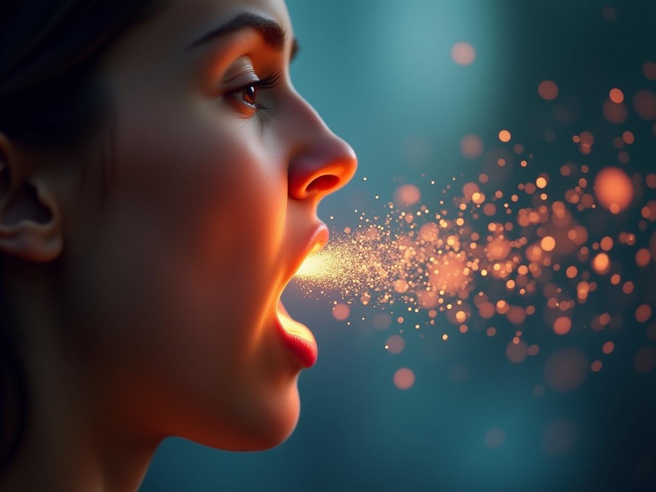 Close-up of a persons face with sound waves emanating from their mouth, symbolizing the connection between voice and health.