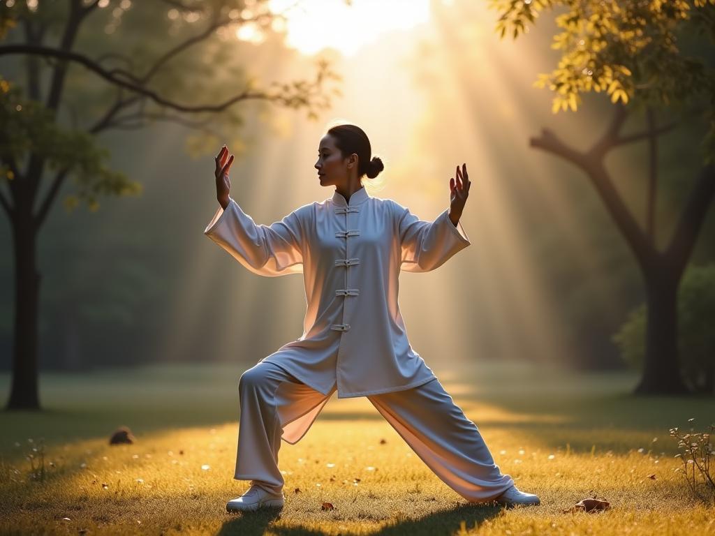 A person practicing Tai Chi outdoors in a serene environment.