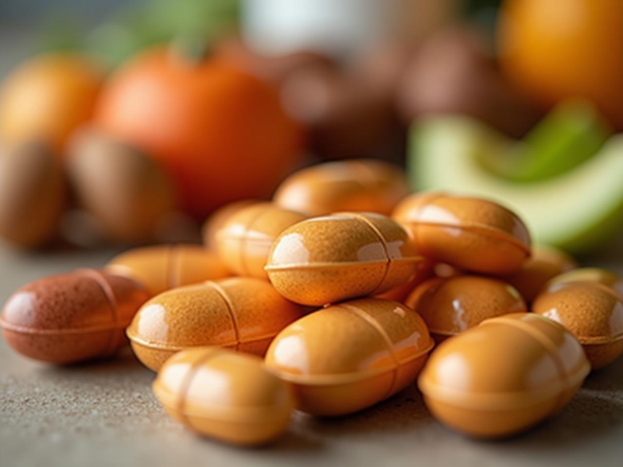 Close-up of iron supplement capsules with various healthy foods on a table.