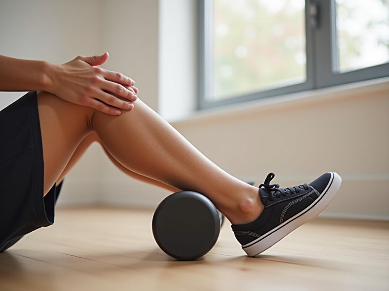 A person using a foam roller on their leg, with a focus on the fascia and muscle connection.