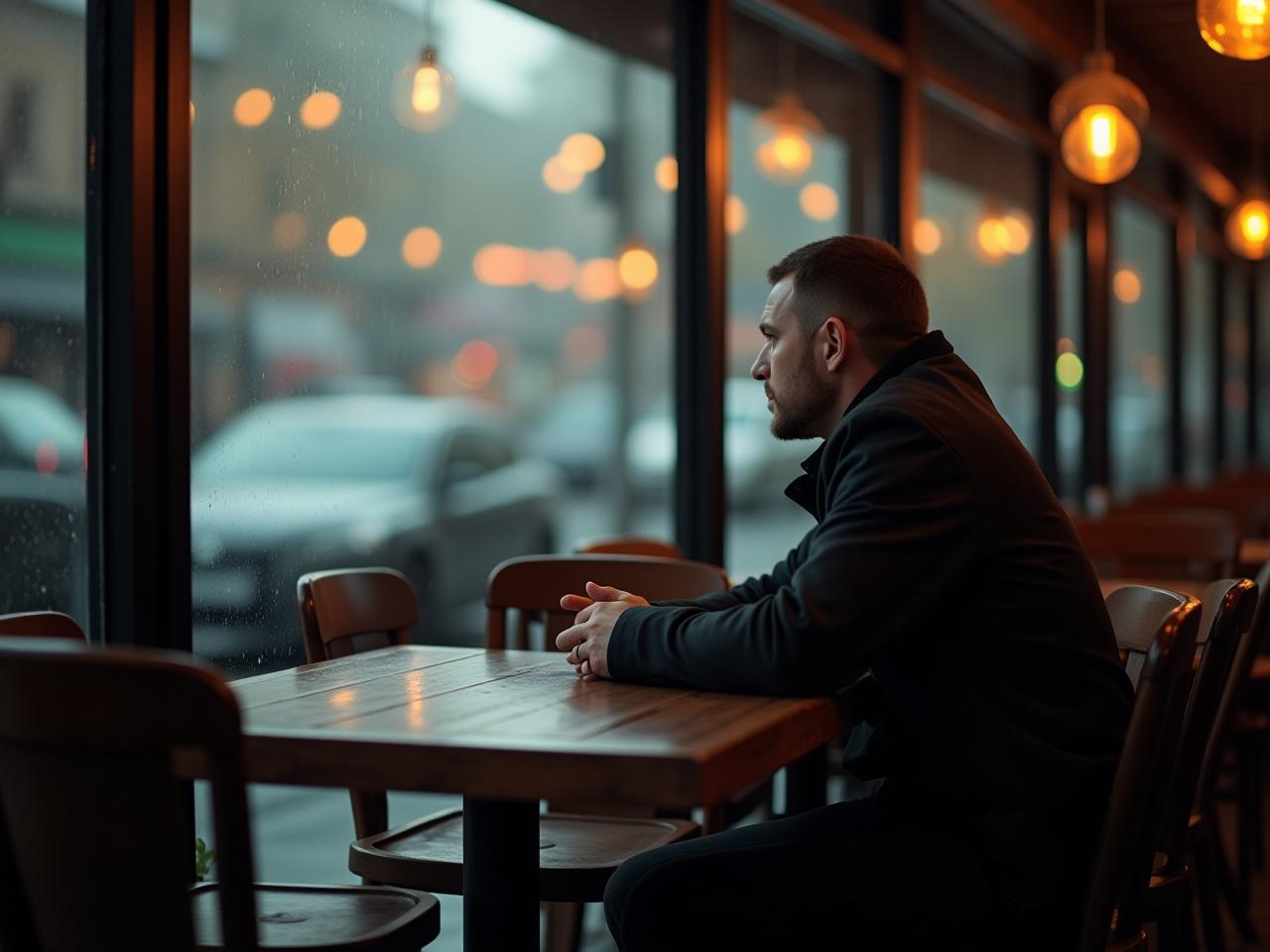 A person sitting alone in a cafe on a rainy day, looking thoughtful.