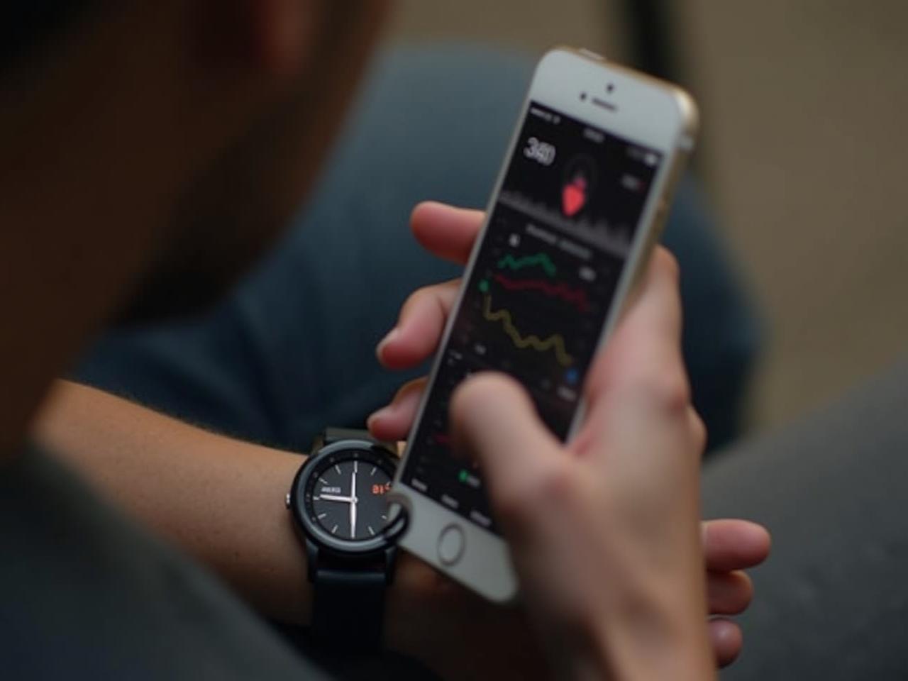A person wearing a smartwatch and looking at data on their phone, with a focus on the heart rate variability (HRV) displayed.