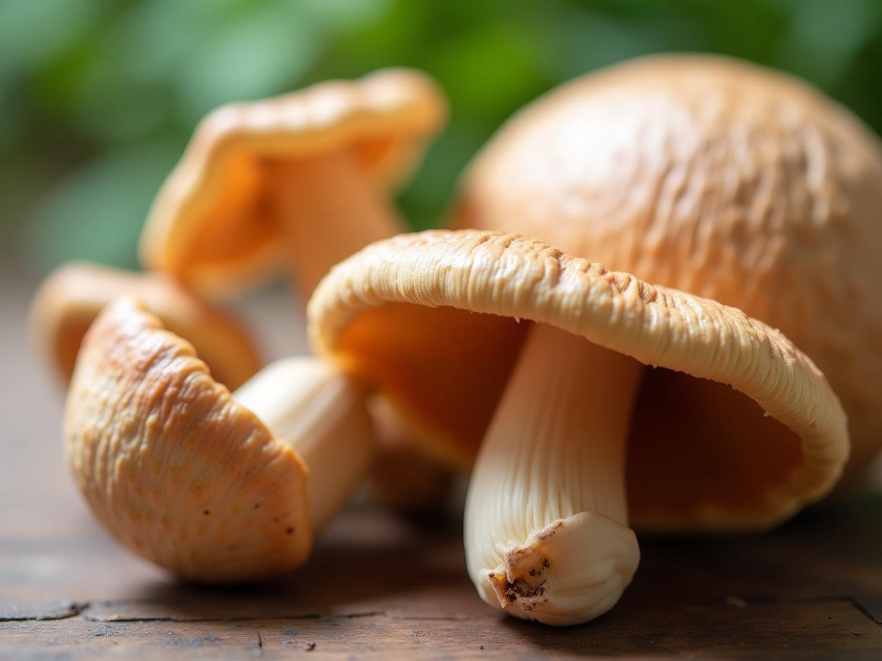Close-up of Reishi and Maitake mushrooms, with a blurred background of a healthy lifestyle scene.