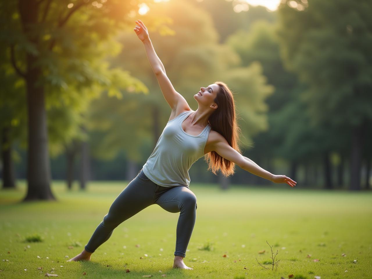A person performing a natural movement exercise in a park, with a focus on fluidity and connection to the environment.