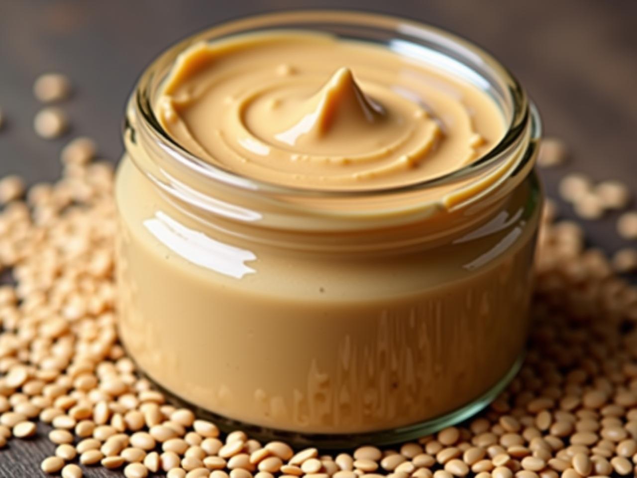 Close-up of a jar of tahini with sesame seeds scattered around, emphasizing the natural and wholesome nature of the product.