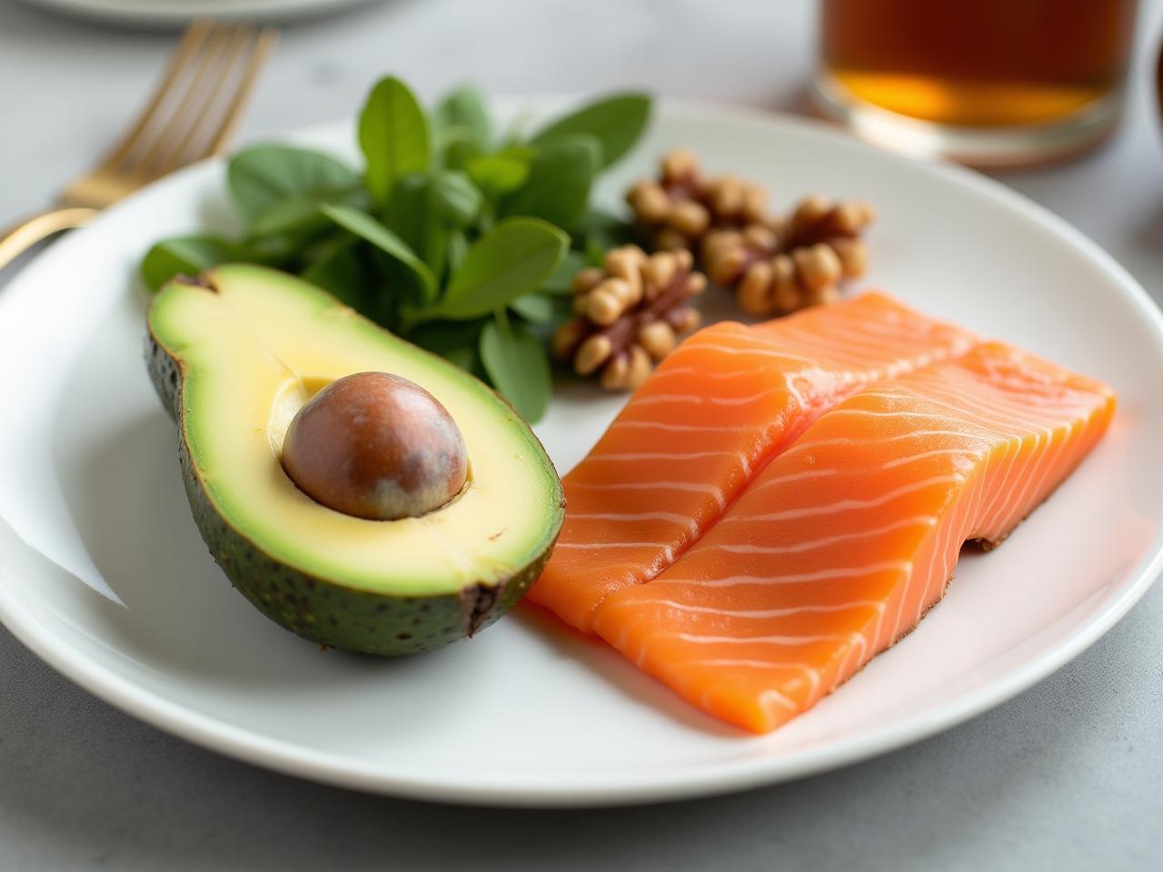 A plate with salmon, avocado and walnuts, representing healthy fats.