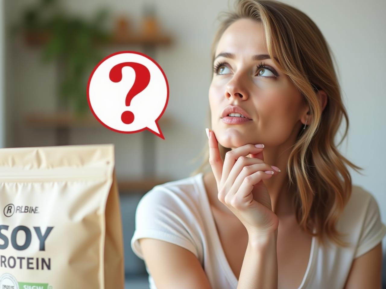 A woman looking thoughtfully at a bag of soy protein powder, with a question mark overlayed on the image.