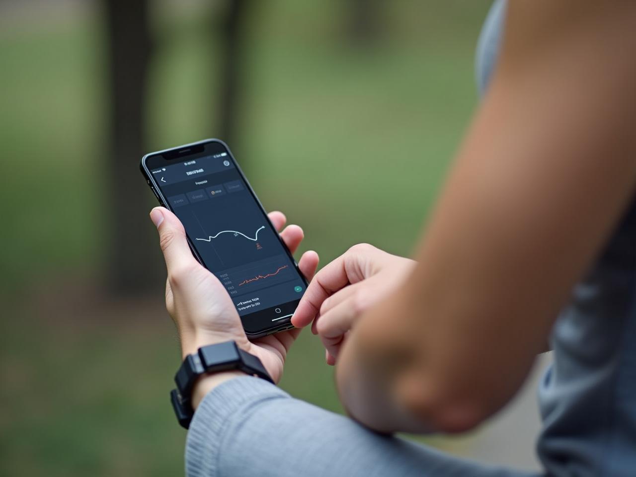 A person wearing a smartwatch and looking at a graph on their phone, showing heart rate variability data. The background is a blurred image of a healthy lifestyle environment, like a park or gym.