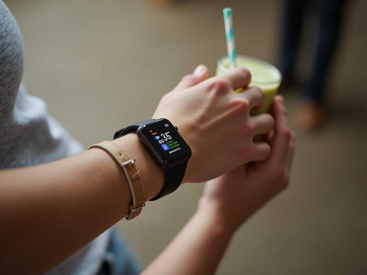 A person wearing a smartwatch while holding a healthy smoothie, representing tracking health metrics at home.