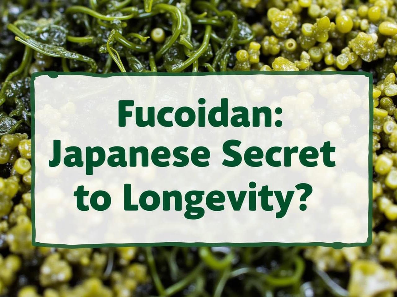 Close-up of various types of seaweed, with text overlay: Fucoidan: Japanese Secret to Longevity?