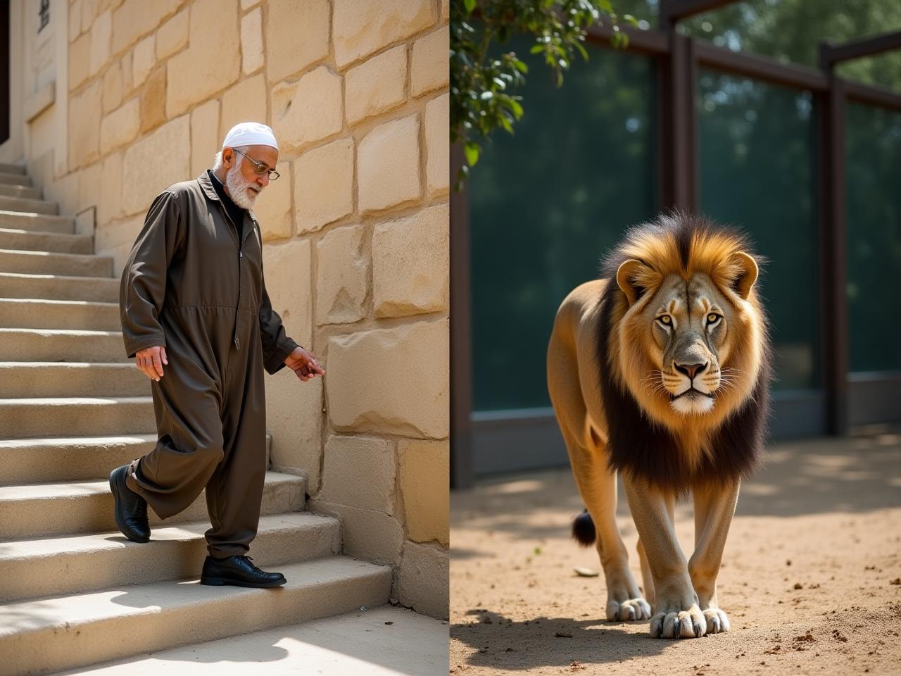 An elderly Druze man effortlessly climbing stone stairs, contrasting with a photo of a lion pacing restlessly in a zoo enclosure.
