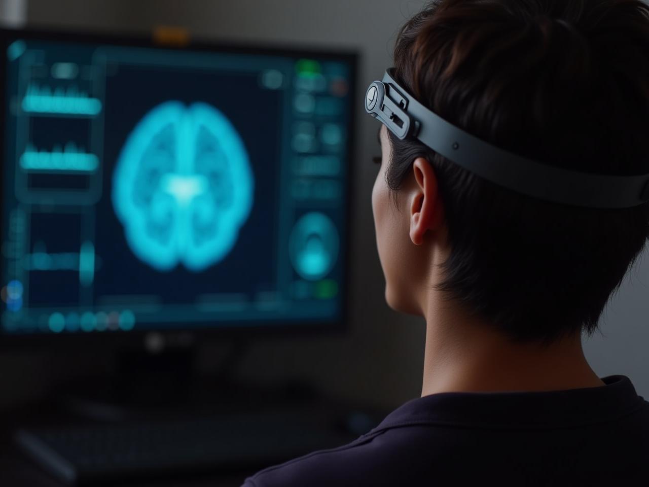 A person practicing mindfulness with biofeedback equipment, showing brainwaves and vital signs on a screen.