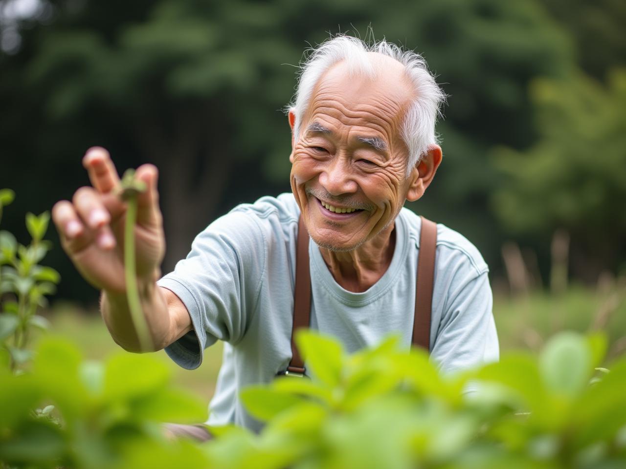 An elderly Okinawan man tending his garden, showcasing healthy aging and physical activity.