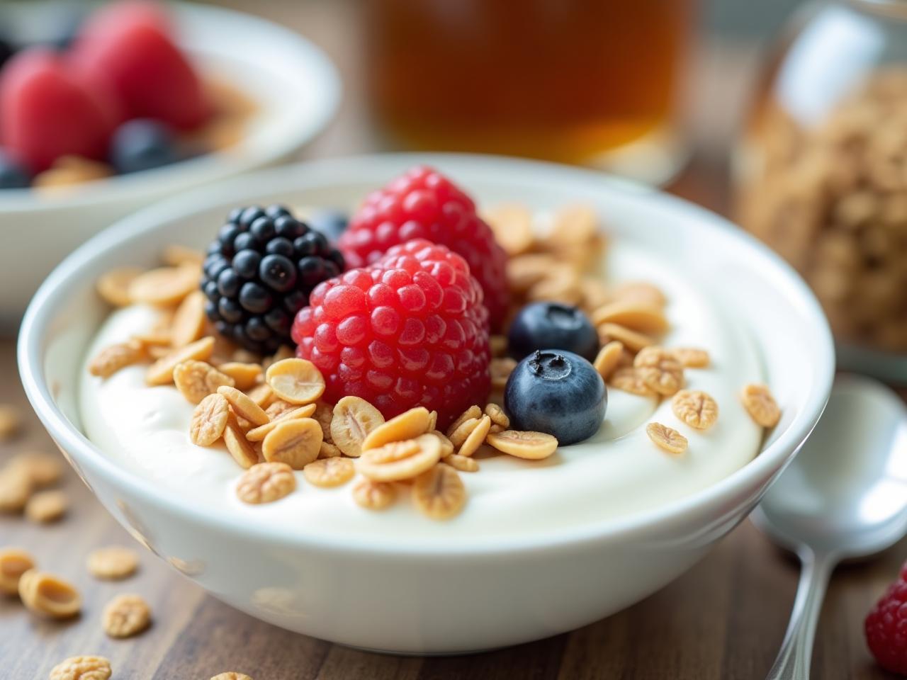 Close-up shot of a bowl of natural yogurt topped with fresh berries and granola, with a spoon resting on the side. The background is blurred, suggesting a kitchen setting. Focus on the healthy and vibrant ingredients.