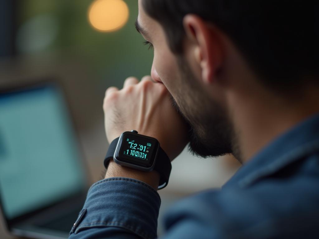 A person looking thoughtfully at a smartwatch displaying health data, symbolizing proactive health monitoring.