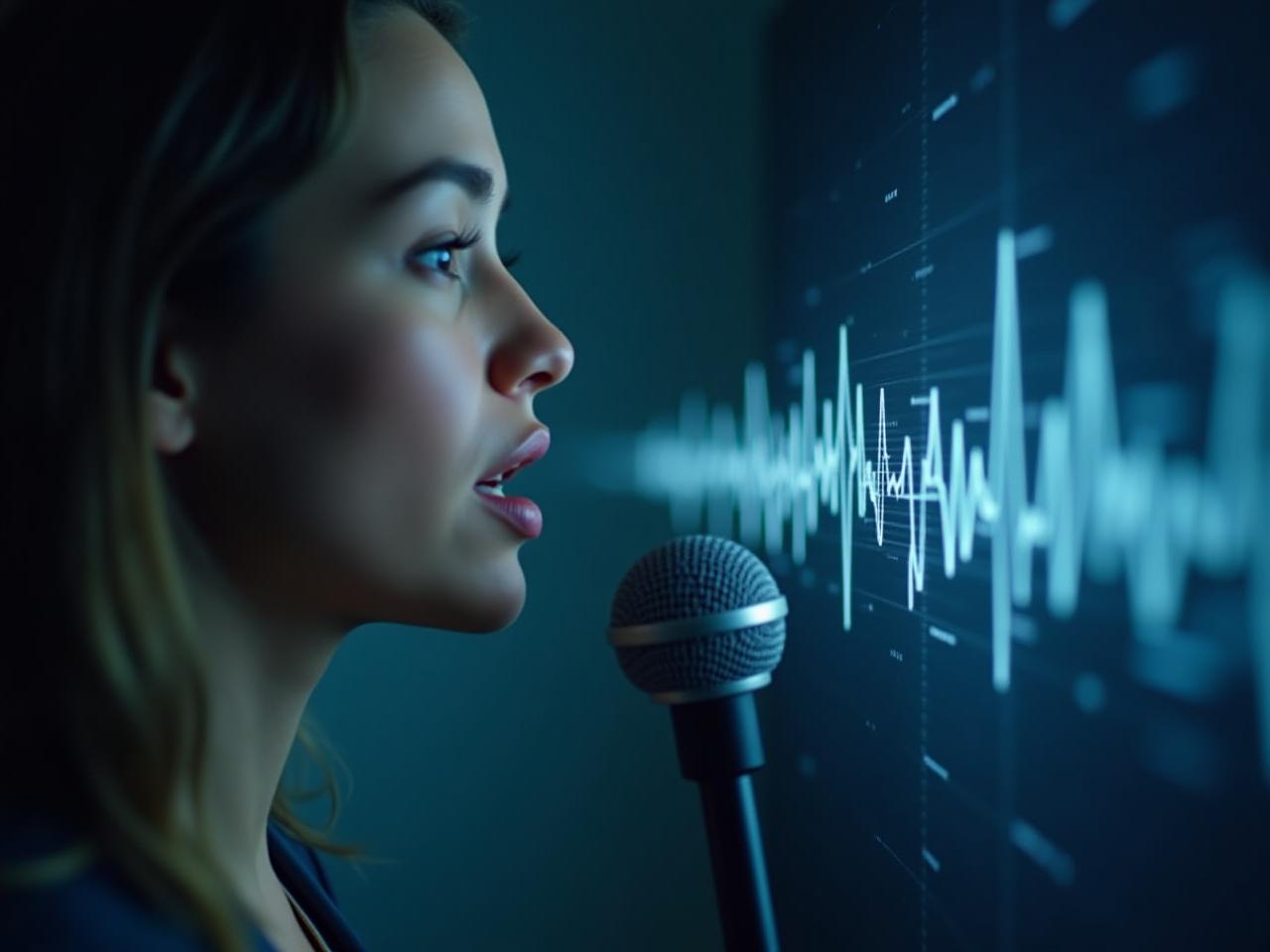 A close-up image of a person speaking into a microphone, with abstract waveforms visualized in the background, representing the complexity of voice analysis technology for detecting mental health conditions.