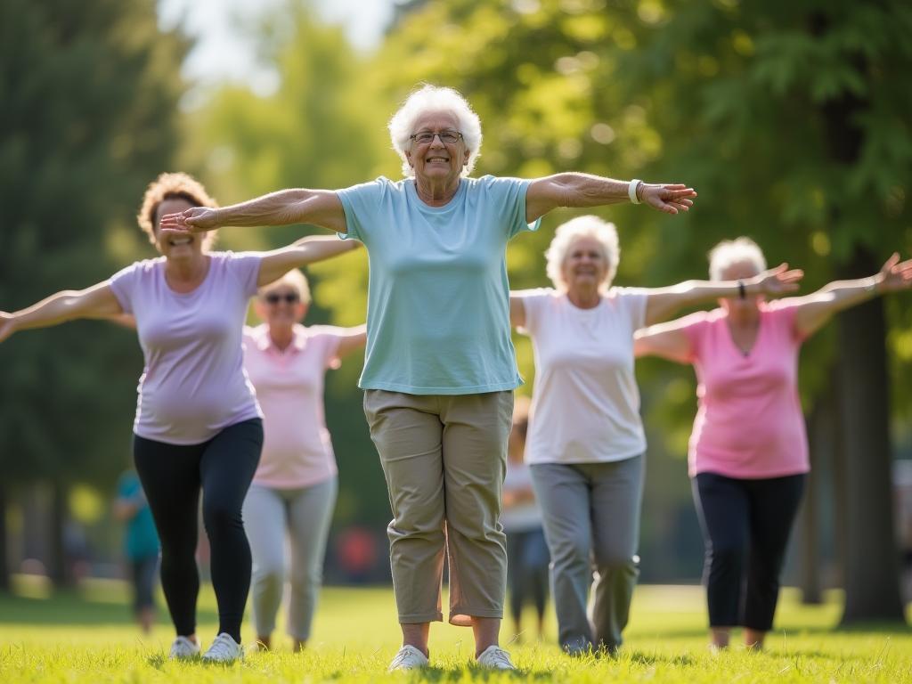 A group of diverse elderly people doing exercises that strengthen their core muscles in a park.