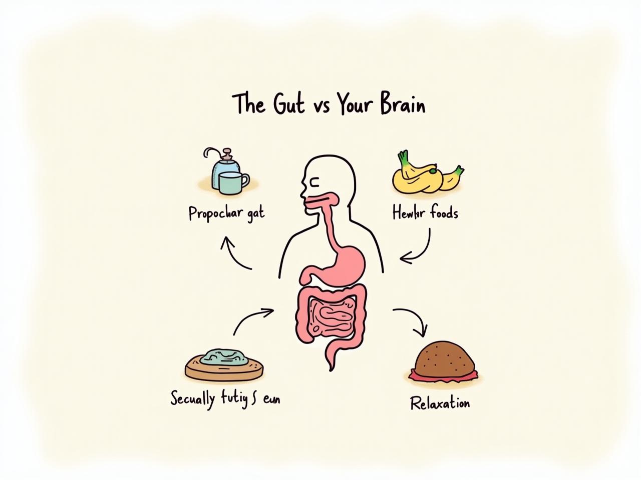 A photo illustrating the connection between the gut and the brain, with images of healthy food and relaxation techniques.