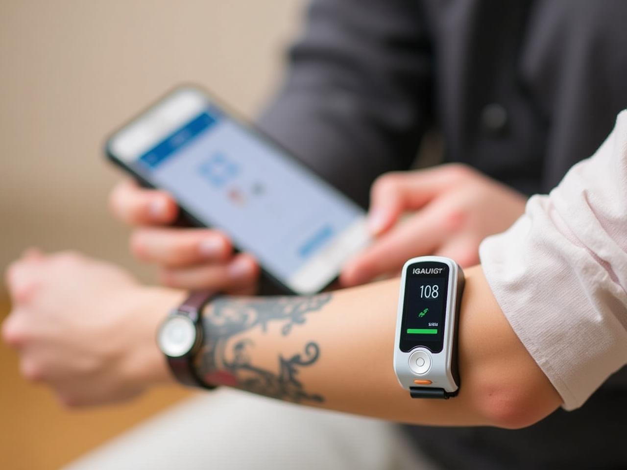 A person wearing a continuous glucose monitor on their arm, with a smartphone showing glucose readings.