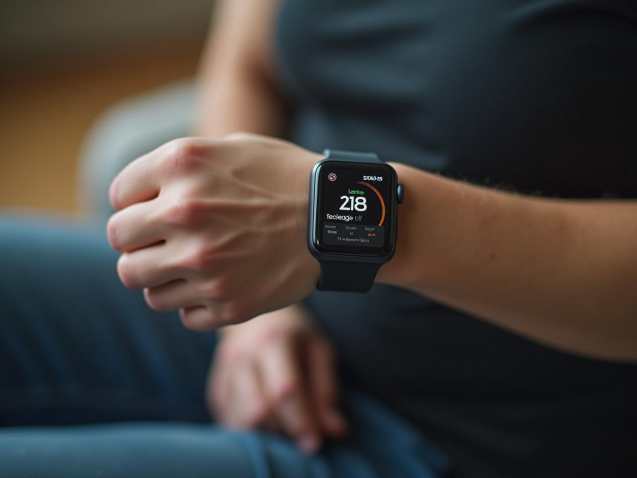 A person wearing a smartwatch and looking at their health data.
