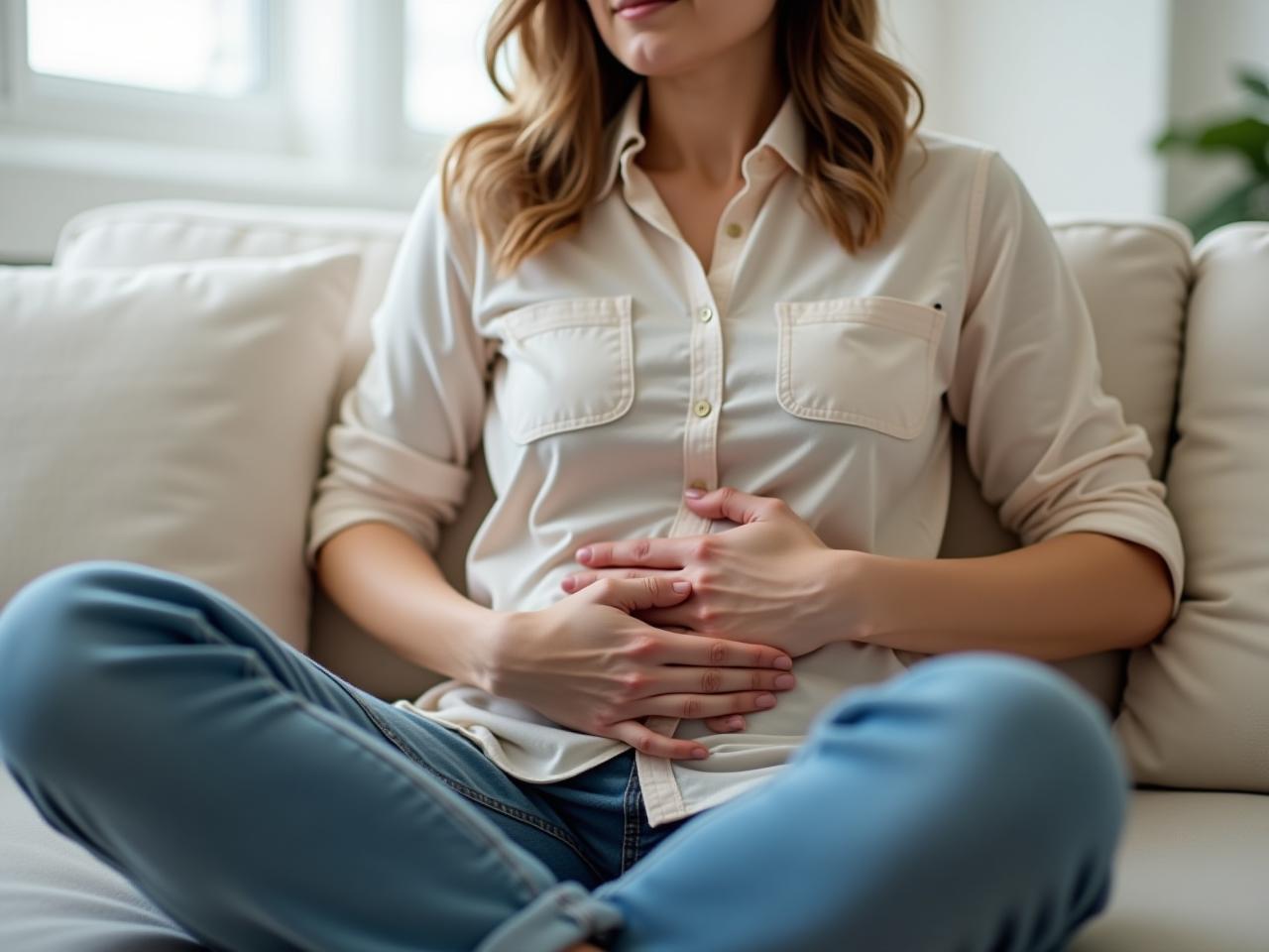 A person sitting comfortably with their hand on their stomach, practicing diaphragmatic breathing.