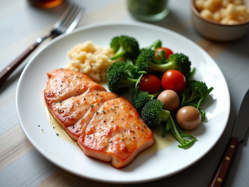 A plate with a balanced meal of protein, healthy fats, and low-carb vegetables, suggesting a hormone-friendly dinner.