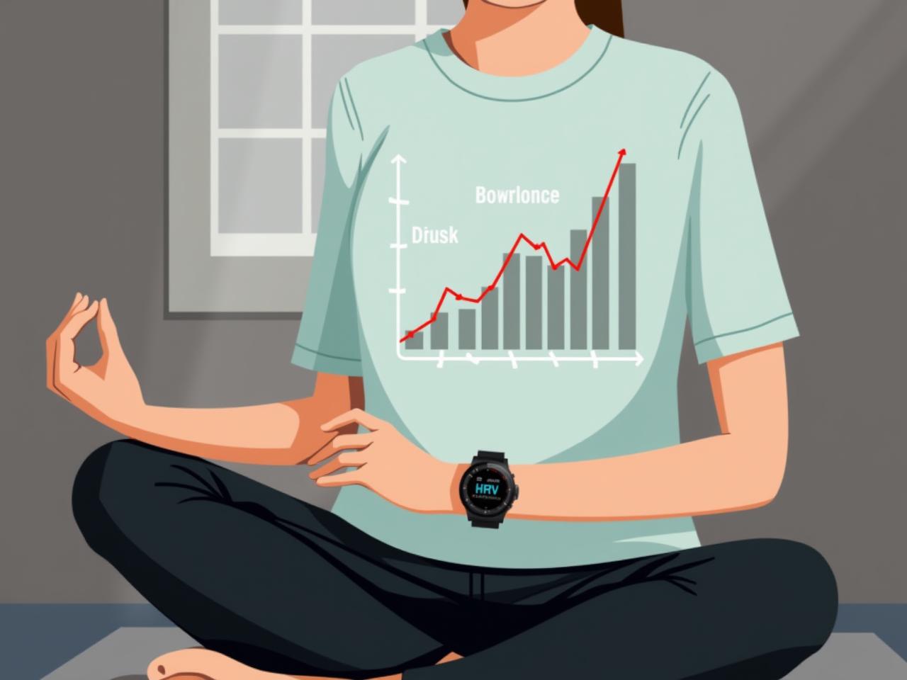A person wearing a smart watch while meditating, with a graph showing HRV data in the background.