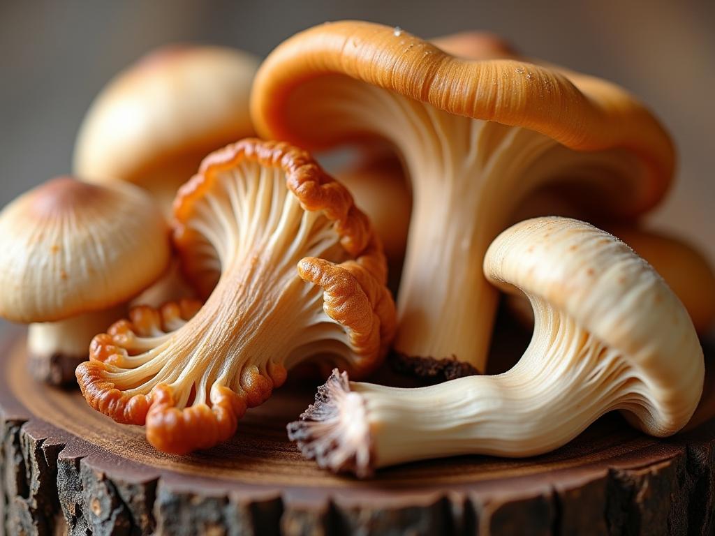 Close-up of various medicinal mushrooms, including Reishi, Shiitake, and Cordyceps, displayed against a natural wood background.