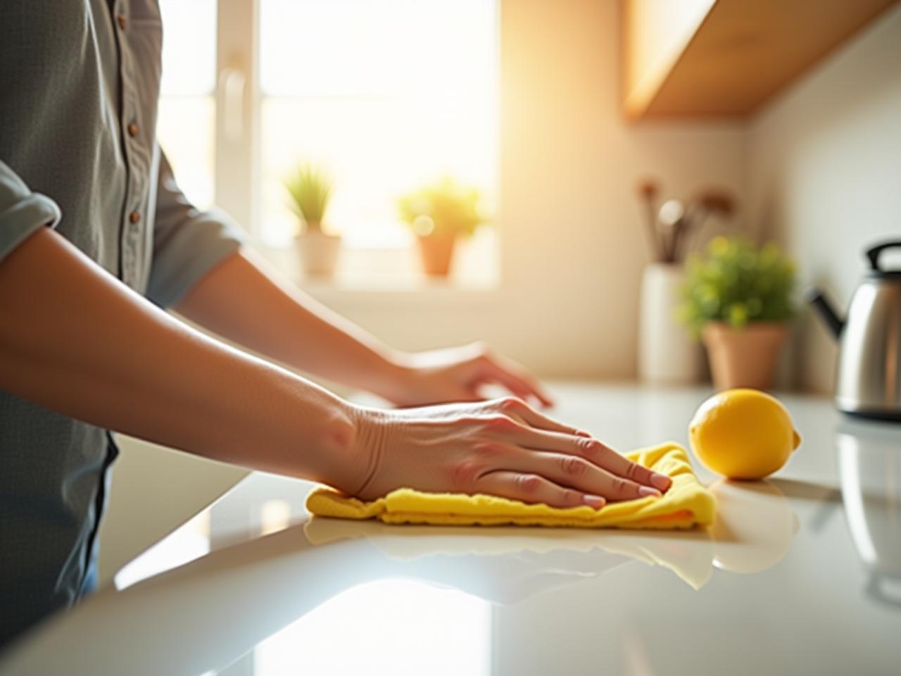 A sparkling clean kitchen with sunlight streaming through the window. A person wiping down a countertop with a lemon.