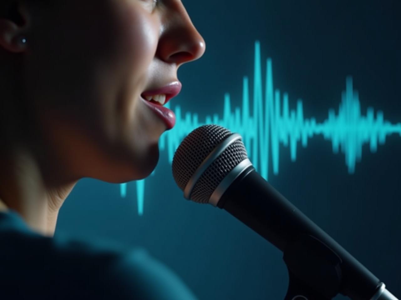 A close-up of a person speaking into a microphone, with sound waves visualized in the background, subtly changing colors to represent mood and health conditions.