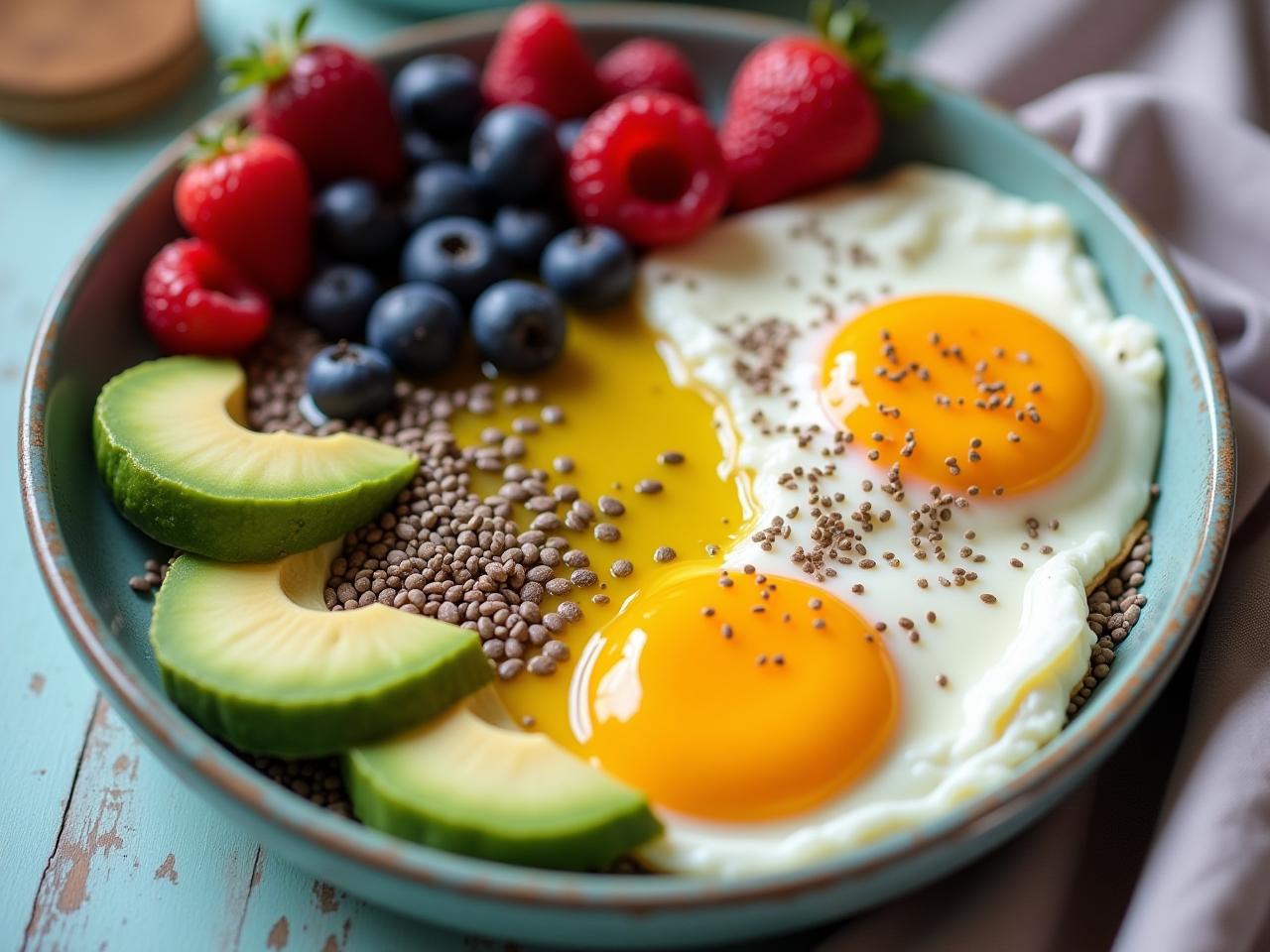 A vibrant and healthy anti-aging breakfast with eggs, avocado, berries, chia seeds, yogurt, and olive oil.