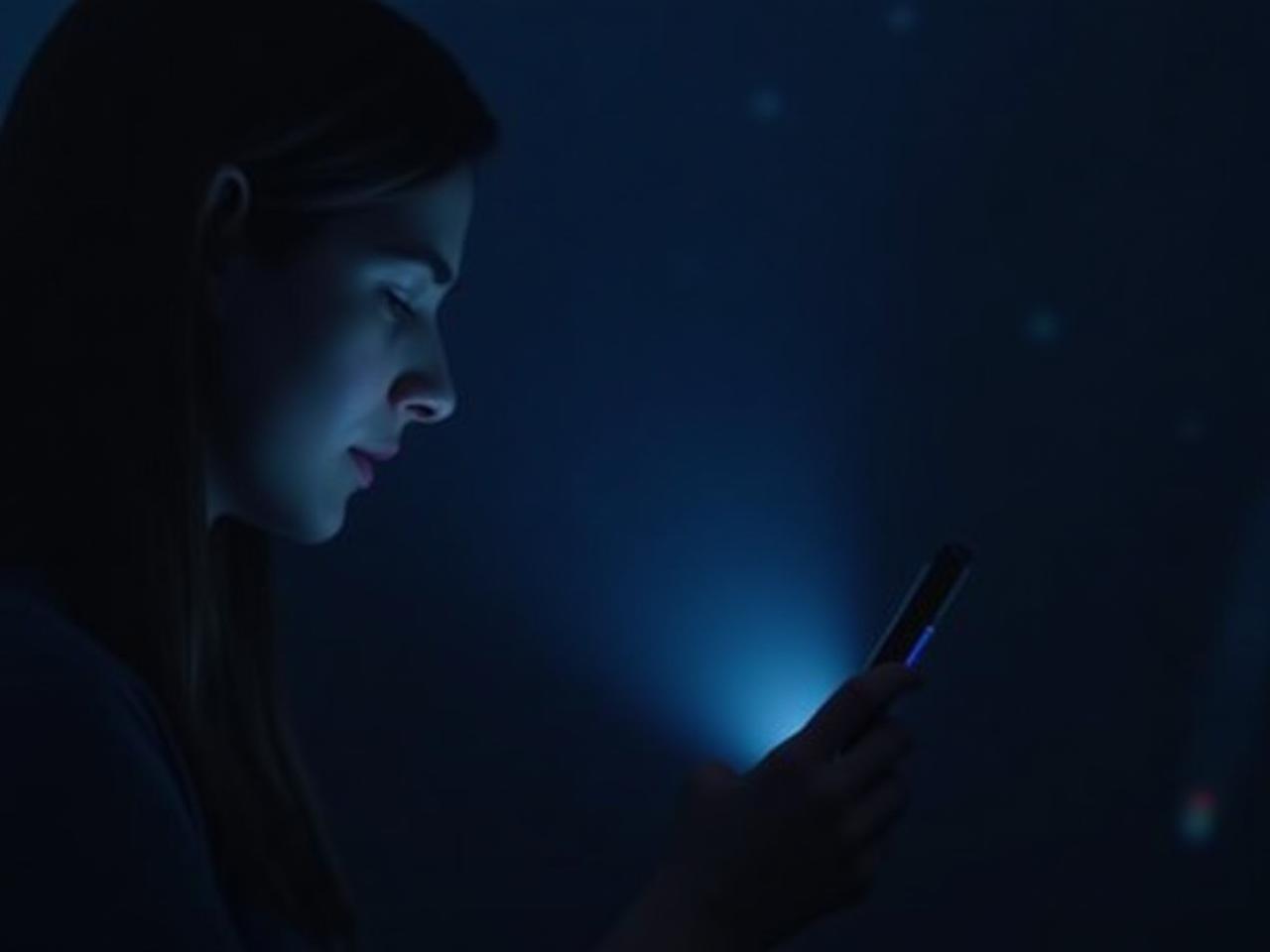 A person looking at a phone screen with a blue light filter activated, with a peaceful nighttime background.