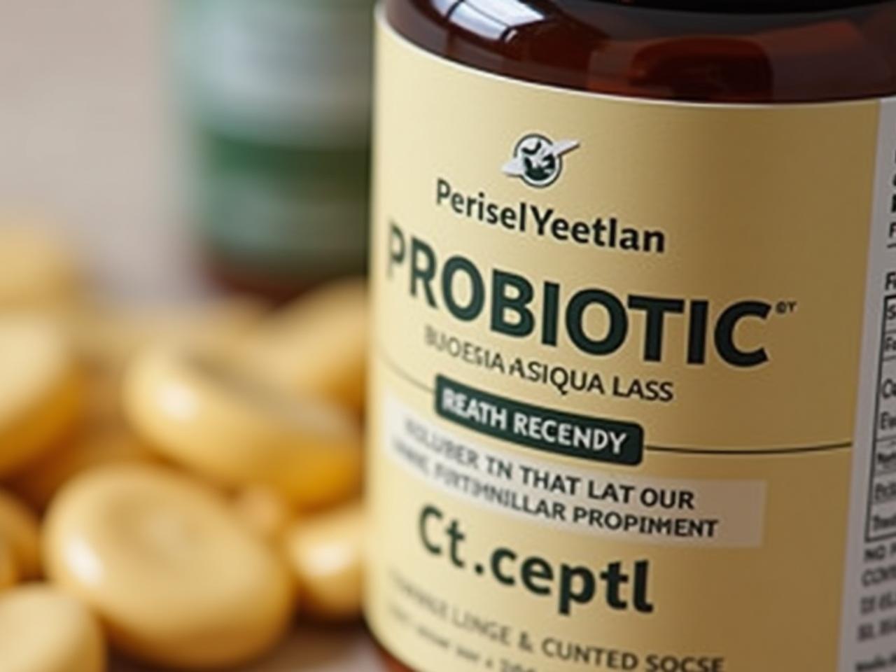 Close-up shot of probiotic supplement capsules, with a focus on the label and information about the number of bacteria. A background suggesting a kitchen or healthy food setting.
