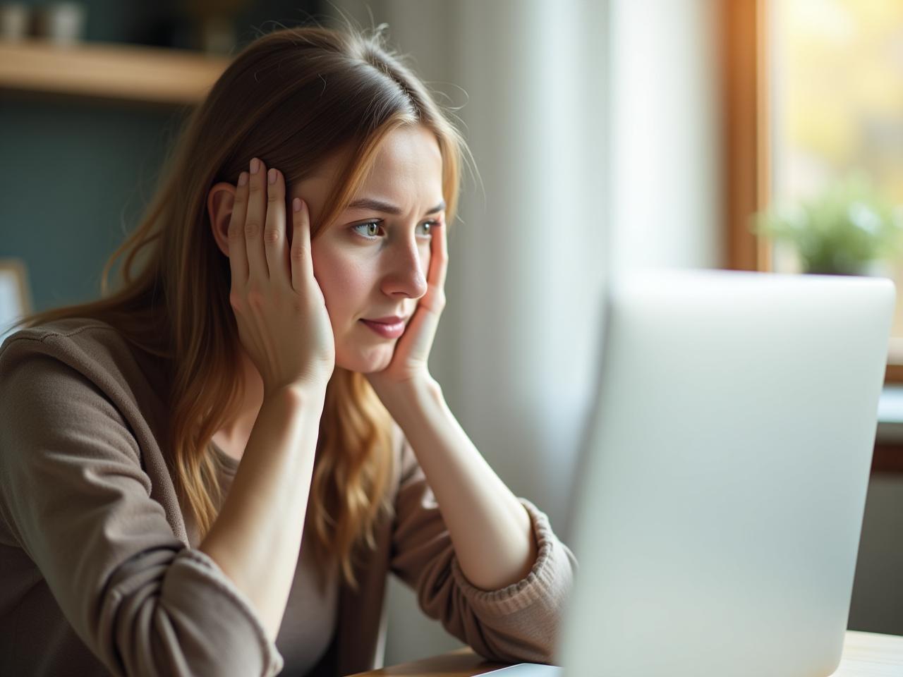 A woman looking stressed at her computer, but then finding a moment of peace while practicing mindfulness.