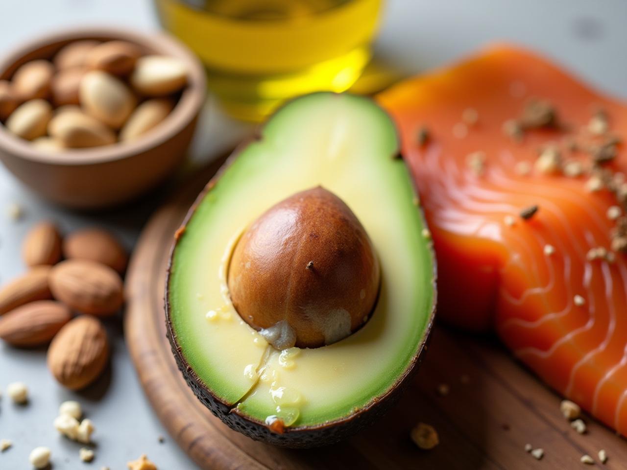 An avocado cut in half, surrounded by other healthy fats like olive oil, nuts and salmon.