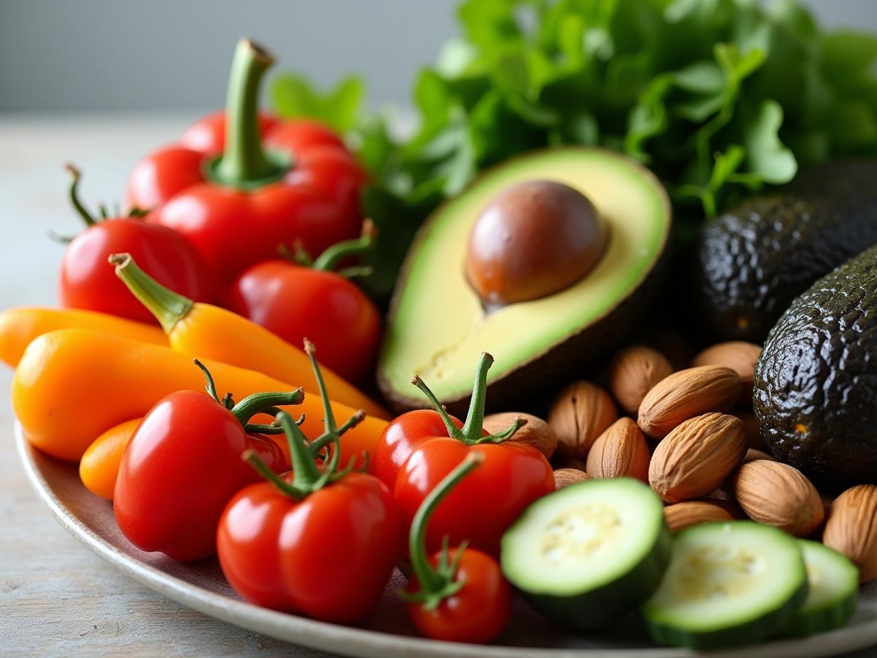 A vibrant photo of fresh, colorful vegetables and healthy fats like avocado and nuts, representing an anti-inflammatory diet for liver health.